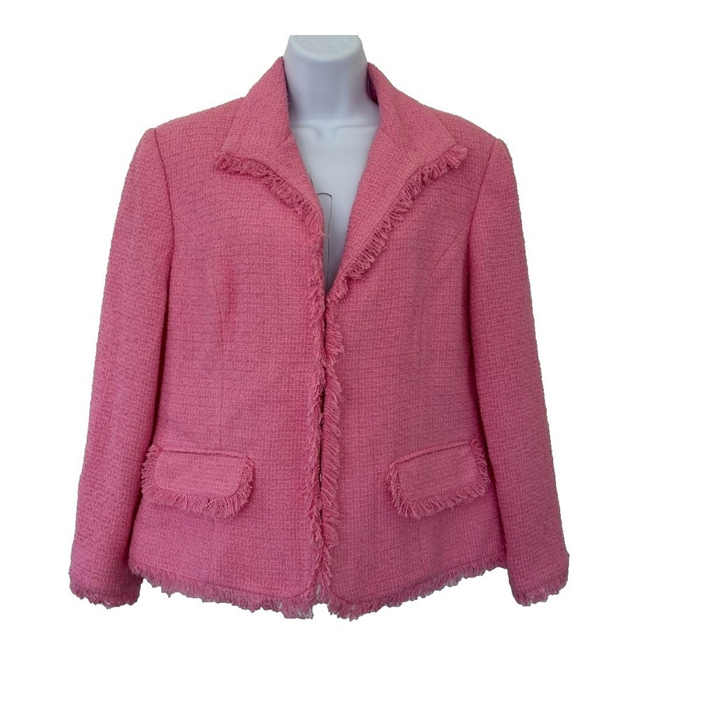 Sag Harbor Blazer Jacket Petite 14P Grandma Core Pink Fringe Tweed Lined Pastel